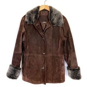 Vintage y2k brown suede jacket faux fur trim Sherpa chocolate grey 2000s midi